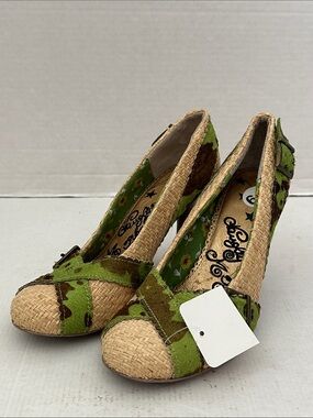 Naughty Monkey green cow hide and woven raffia heels Green and Natural Woven 6.5